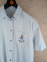 Vintage Shirt Womens 2XL XXL Blue Cotton Bear Embroidery Button Up