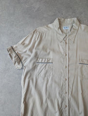 Up Line Y2K Shirt Mens Large Vintage Short Sleeve Boxy Beige Minimal Button Up