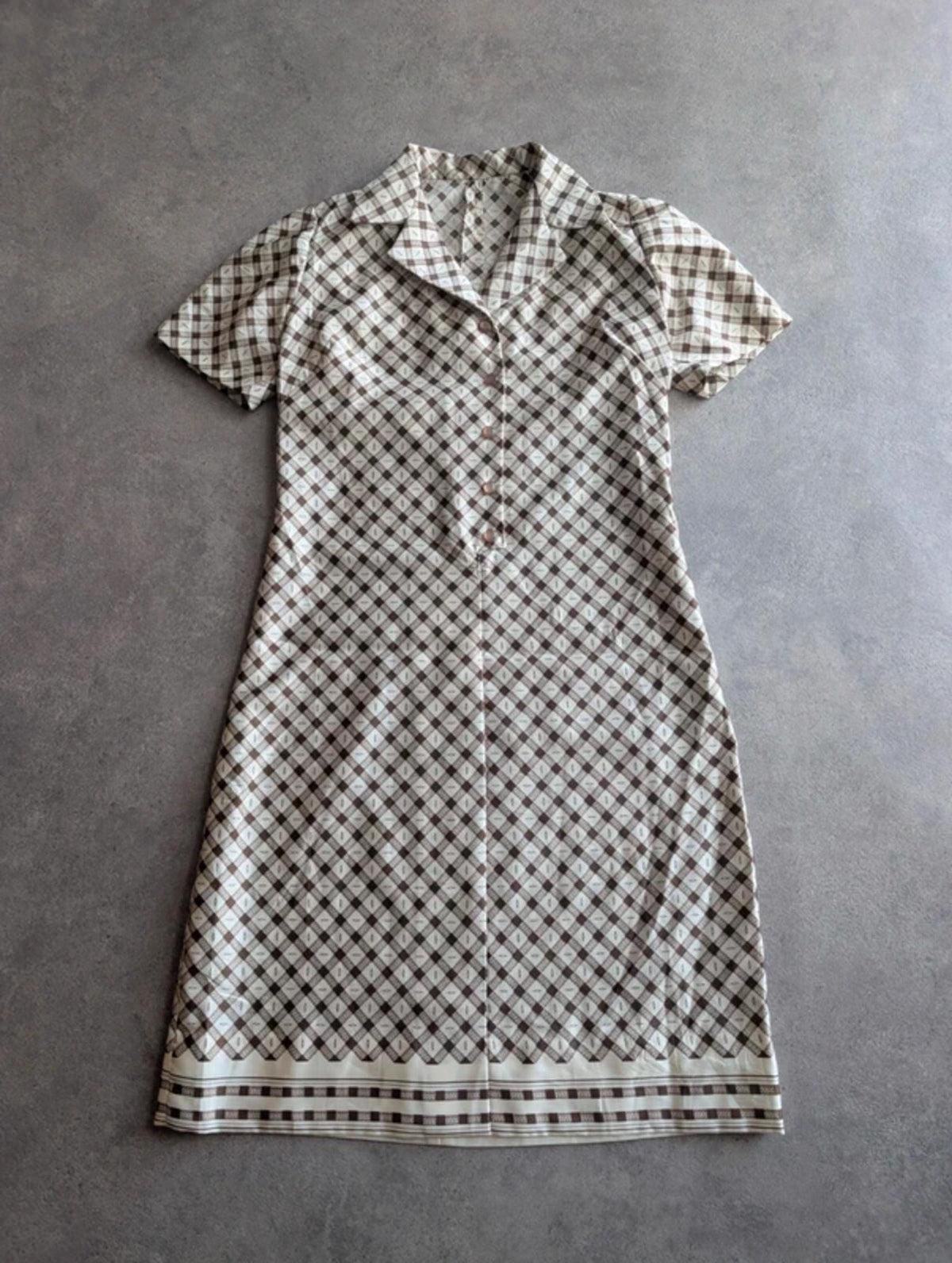 Vintage 1970s Dress Women’s Small Beige Brown Geometric Mod Midi Retro