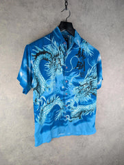 Here & There Dragon Print Shirt Mens M Medium Dragon Y2K Short Sleeve