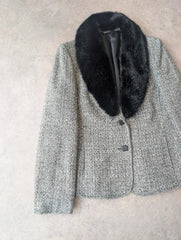 Bhs Vintage Y2K Blazer Jacket Women’s 14 Grey Faux Fur Collar Smart Formal
