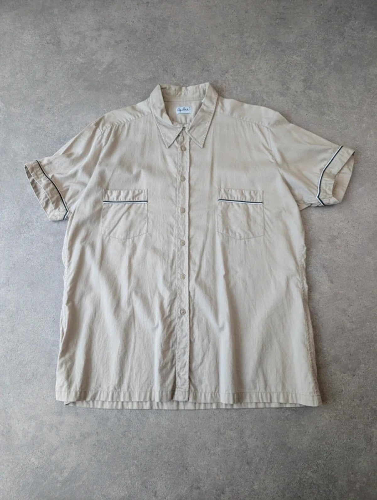 Up Line Y2K Shirt Mens Large Vintage Short Sleeve Boxy Beige Minimal Button Up