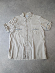 Up Line Y2K Shirt Mens Large Vintage Short Sleeve Boxy Beige Minimal Button Up