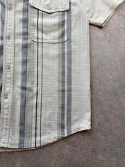 Vintage 1990s Shirt Men’s Medium Beige Panama Striped Utility Short Sleeve