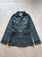 Y2K Denim Mini Dress Women’s Extra Small Blue Button Front Fitted Long Sleeve