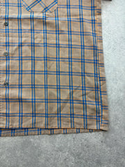Vintage 1970s Shirt Men's Large Brown Blue Check Pointed Collar Retro