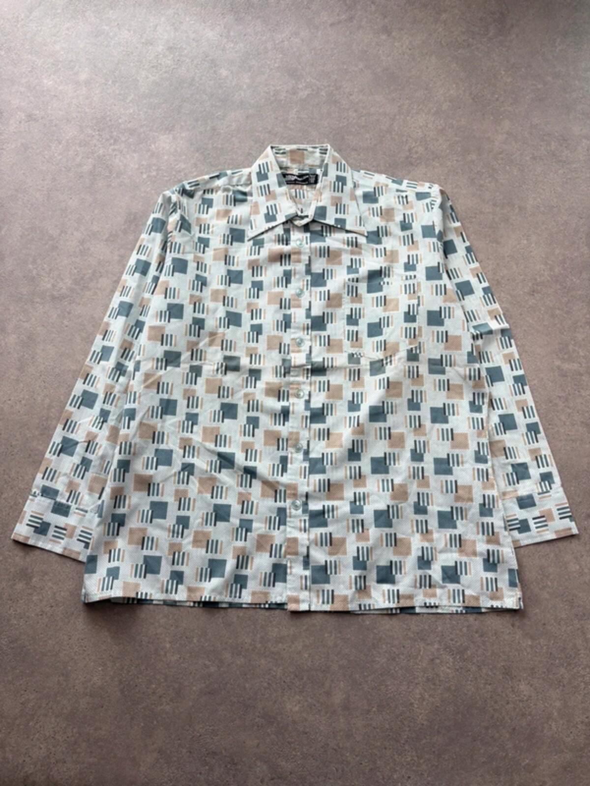 Vintage 1970s Shirt Men's Large Geometric Pattern White Beige Pointed Collar