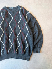 Jaeger Jumper Men’s Medium Grey Vintage 1980s Pullover Patterned Knit