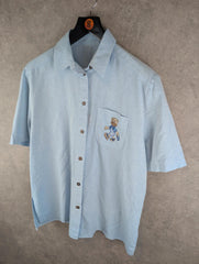 Vintage Shirt Womens 2XL XXL Blue Cotton Bear Embroidery Button Up