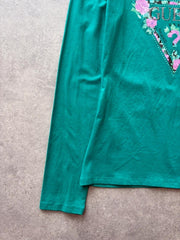 Guess Long Sleeve Top Women’s 12 Green Floral Logo Stretch Casual Y2K