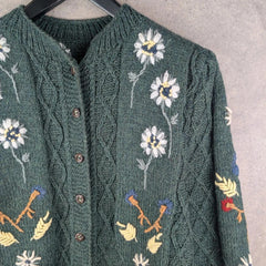 Hand Knitted Jumper Womens XL Extra Large Green Floral Cardigan