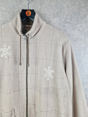 TanJay Fleece Jacket Mens Large Biege Winter Christmas Embroidered Full Zip