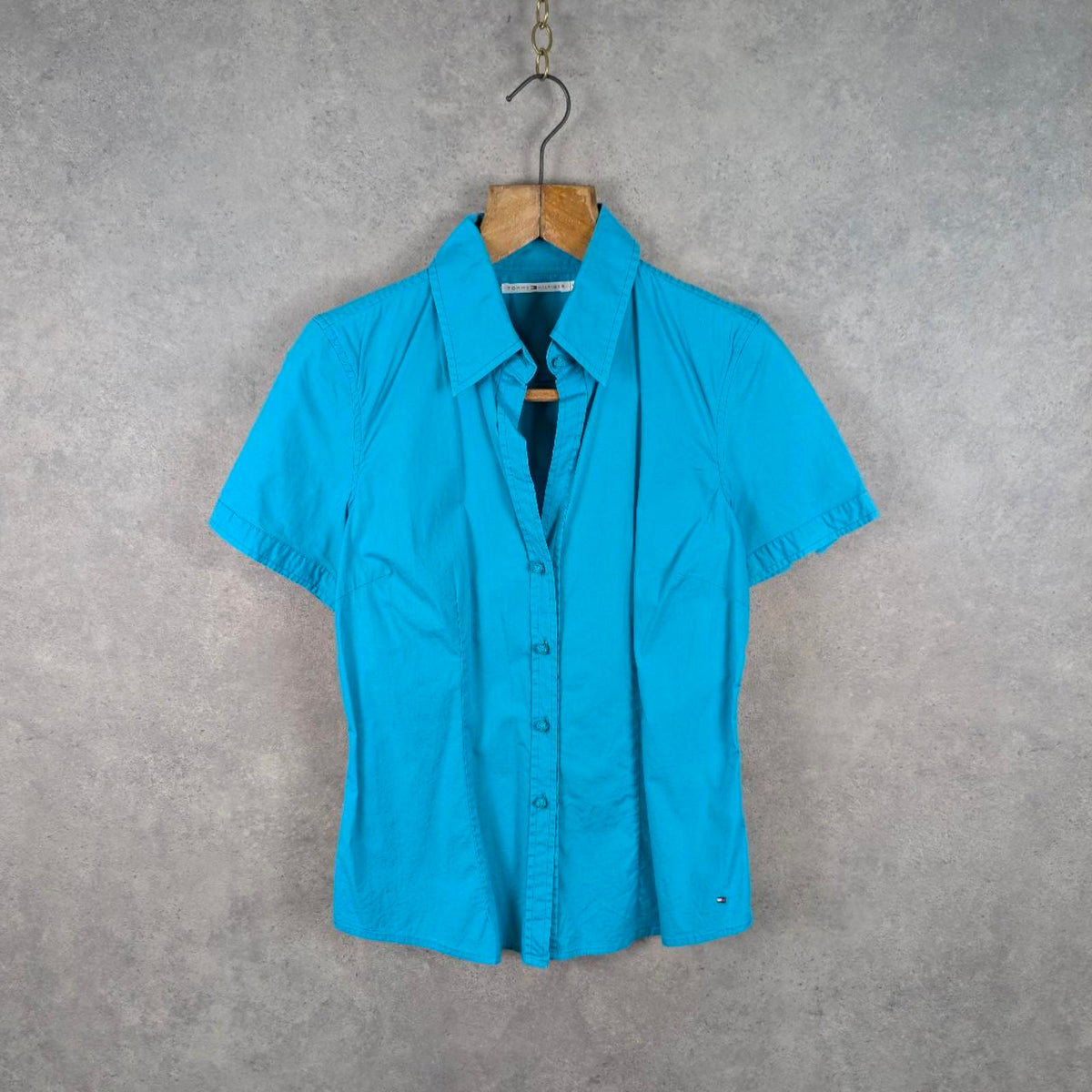 Tommy Hilfiger Shirt Womens Blouse Size 12 Blue Short Sleeve Logo