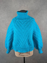 Hand Knitted Chunky Knit High Neck Jumper Women’s Medium Oversized Blue