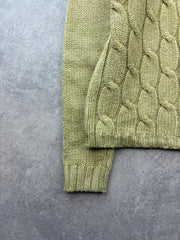 Y2K Knitted Jumper Womens Small Olive Green Cable Knit Soft Cozy Casual