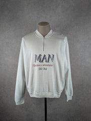 MAN Jumper Men’s Large Cream Vintage 90s Quarter Zip Graphic Sweatshirt