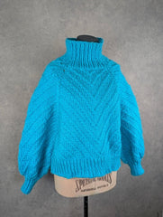 Hand Knitted Chunky Knit High Neck Jumper Women’s Medium Oversized Blue