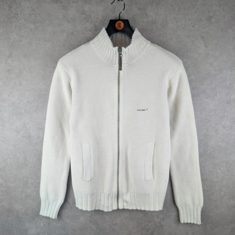 Firetrap Jumper Mens Large L knitted Y2K Full Zip Ivory Cardigan