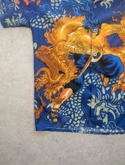 Y2K Shirt Men's Small Blue Japanese Dragon Graphic Short Sleeve