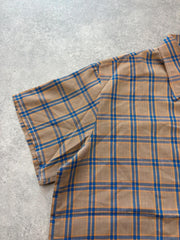 Vintage 1970s Shirt Men's Large Brown Blue Check Pointed Collar Retro