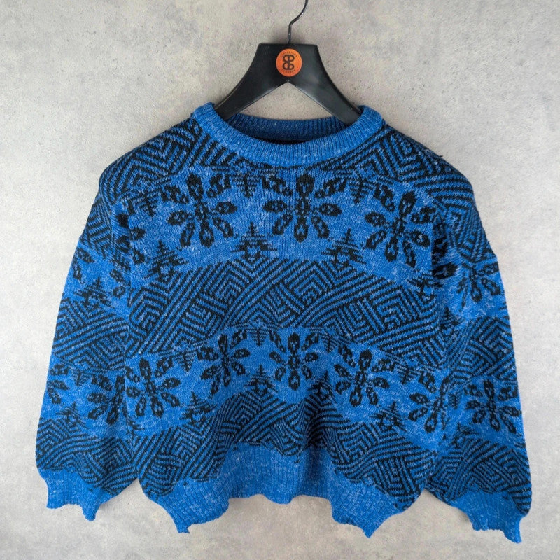 Hand Knitted Jumper Womens XL Extra Large Blue Vintage Pullover Retro