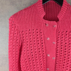 Hand Knitted Jumper Womens M Medium Pink Floral Cardigan