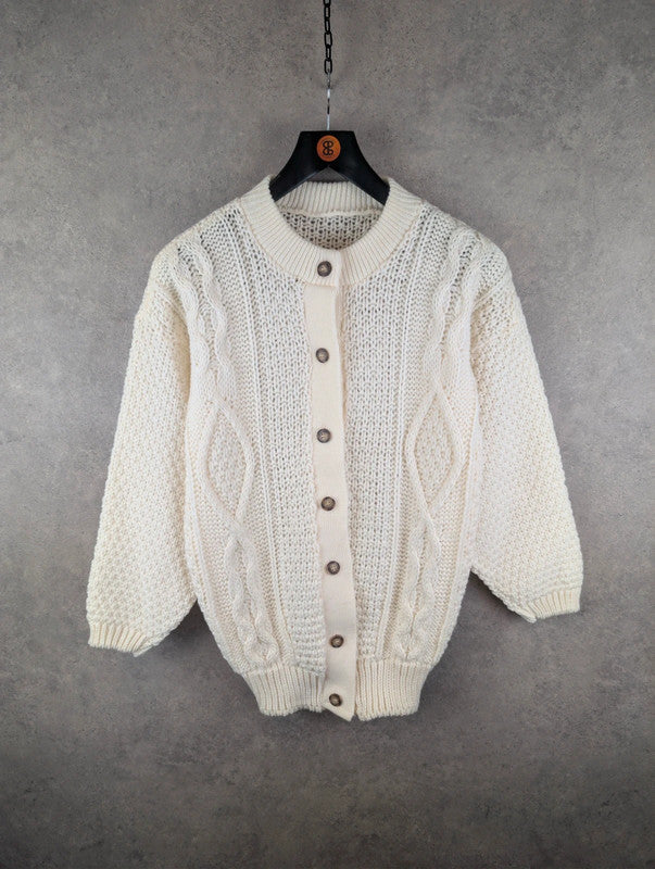 Vintage Hand Knitted Jumper Womens L Large Aran Cream Cardigan