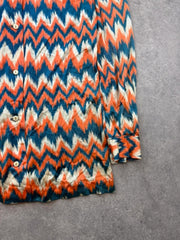 Vintage 1970s Shirt Women's Medium Blue Orange Pointed Collar Retro Long Sleeve