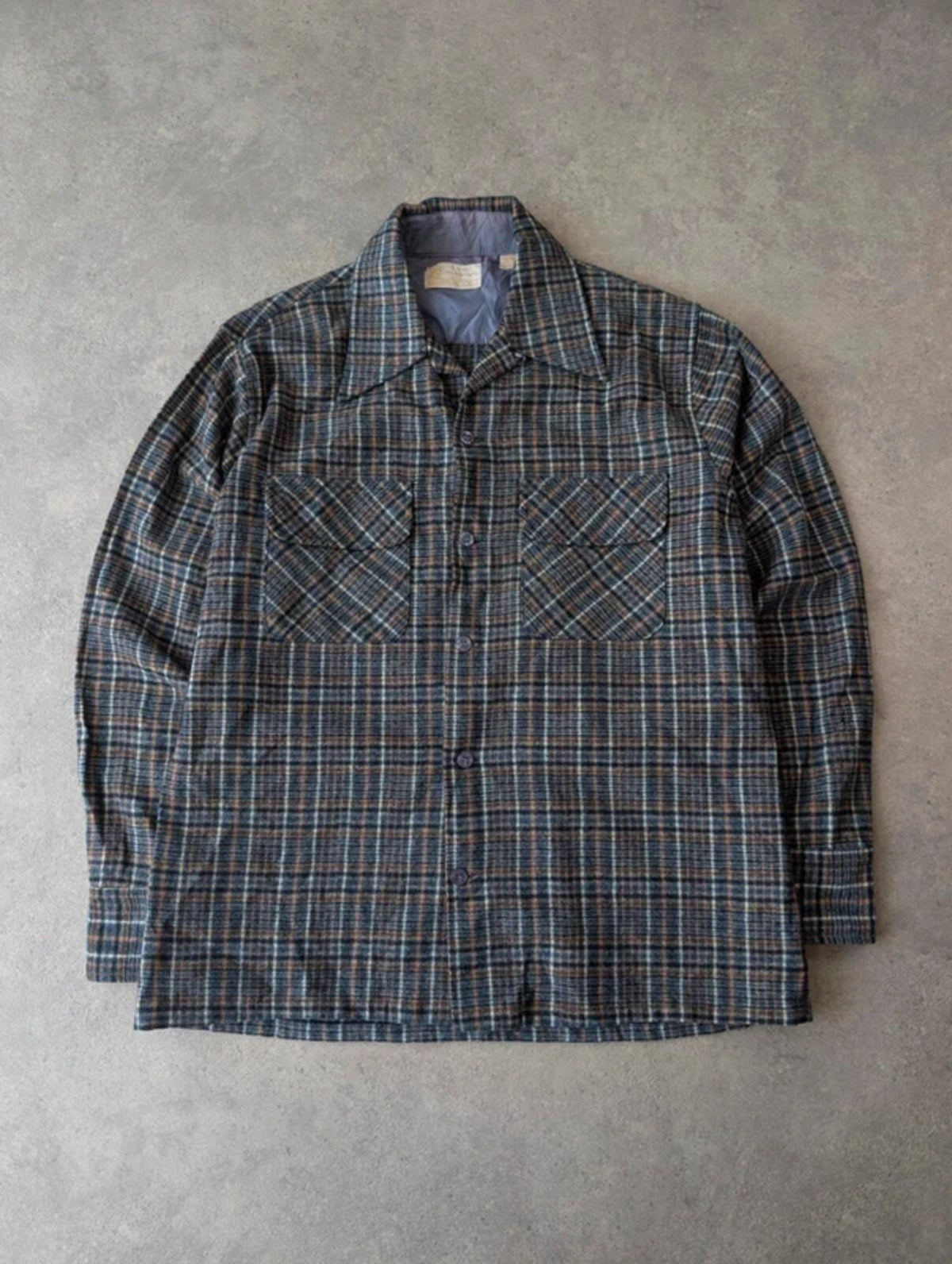 Vintage 1970s Overshirt Men’s Medium Blue Western Plaid Wool Lightweight Dagger