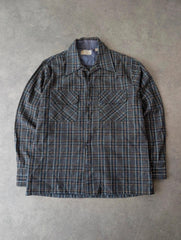 Vintage 1970s Overshirt Men’s Medium Blue Western Plaid Wool Lightweight Dagger