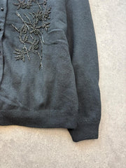 Vintage 1980s Lambswool Cardigan Womens Large Black Beaded Floral Knit Button Up