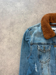 Y2K Denim Jacket Women’s XS Blue Distressed Fleece Lined Sherpa Trucker Jacket