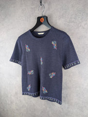 St Michael Top Womens Medium M Knitted Purple Embroidered Vintage 90s