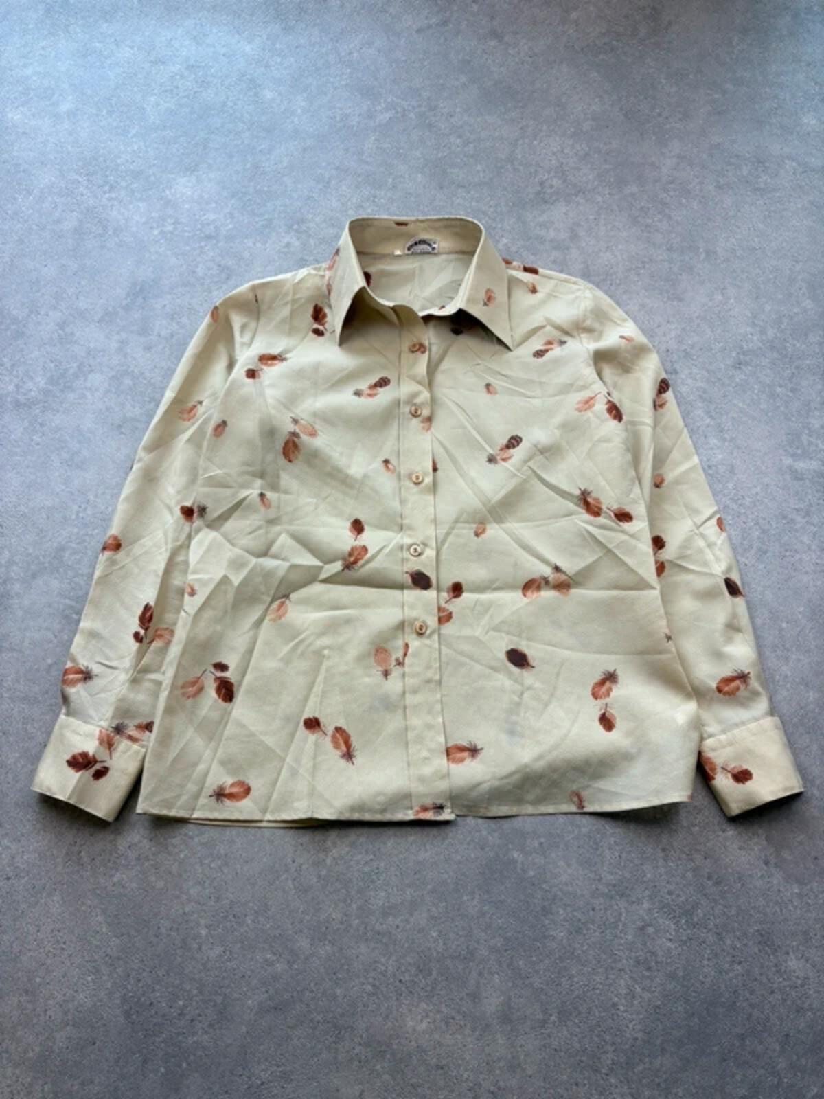 Vintage 1980s Blouse Women's Medium Beige Feather Print Pointed Collar