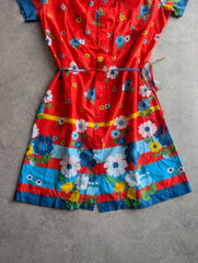 Vintage 1970s Floral Dress Women's Medium Red Retro Boho Prairie Festival