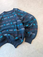 Vintage Knitted Pullover Jumper Men’s Large Blue Boxy Patterned 1990s Knit