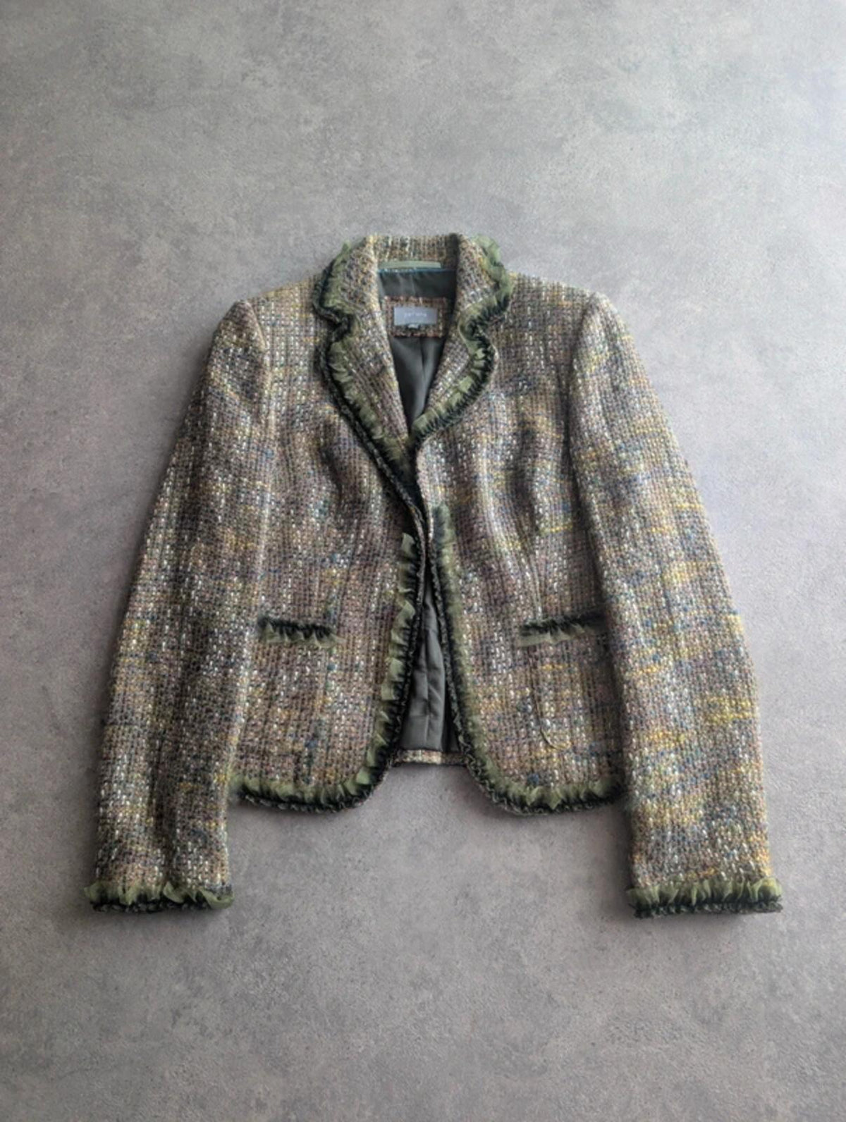 Per Una Jacket Women's Small Green Tweed Y2K Boho Ruffle Trim Tailored Blazer