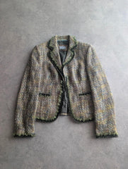 Per Una Jacket Women's Small Green Tweed Y2K Boho Ruffle Trim Tailored Blazer