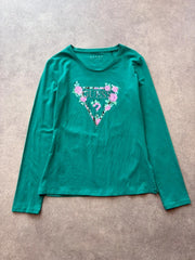 Guess Long Sleeve Top Women’s 12 Green Floral Logo Stretch Casual Y2K