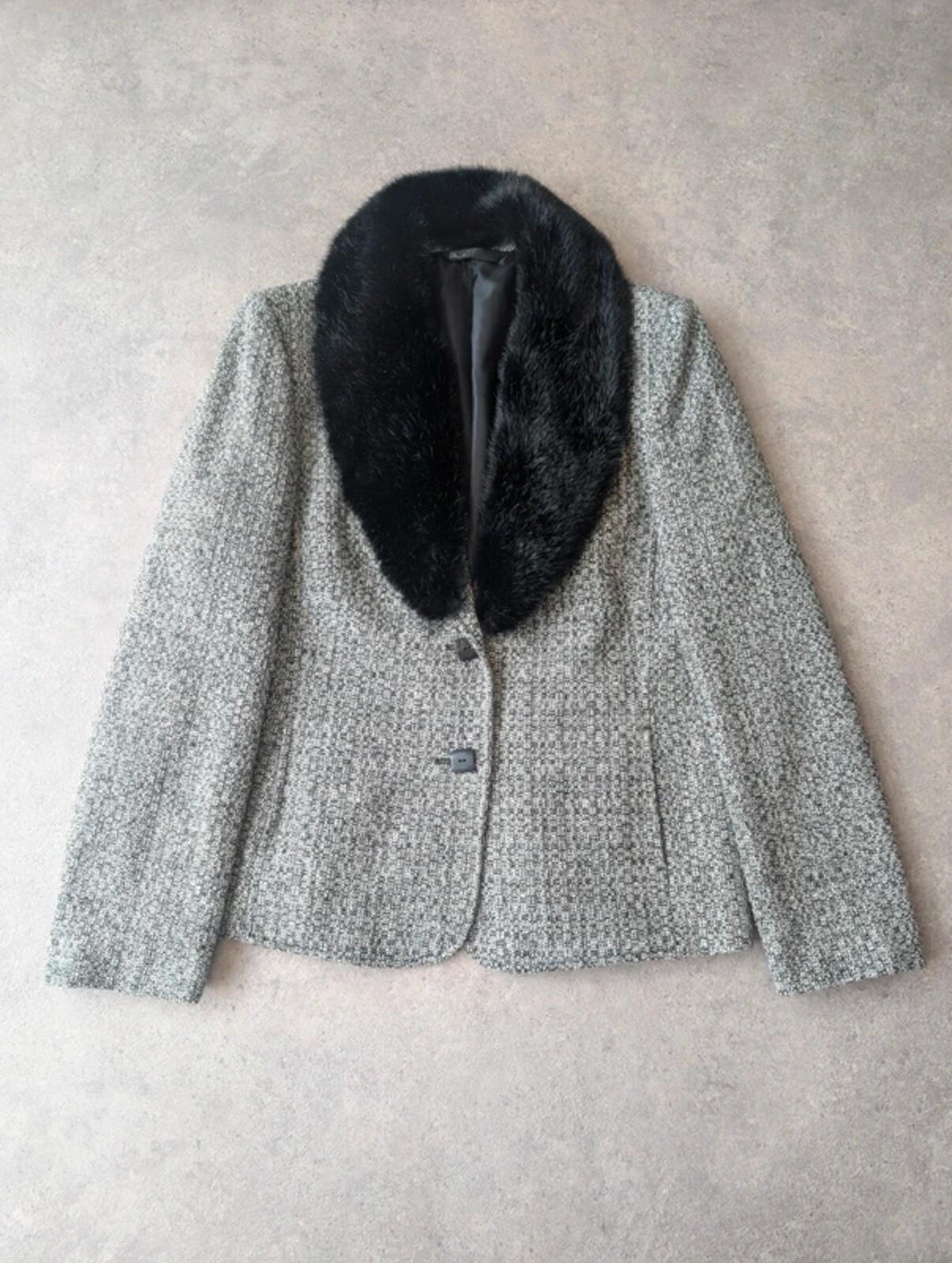 Bhs Vintage Y2K Blazer Jacket Women’s 14 Grey Faux Fur Collar Smart Formal