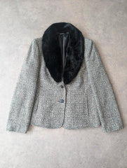 Bhs Vintage Y2K Blazer Jacket Women’s 14 Grey Faux Fur Collar Smart Formal