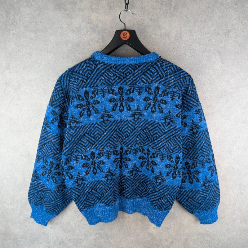Hand Knitted Jumper Womens XL Extra Large Blue Vintage Pullover Retro