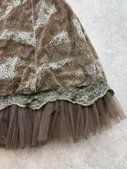 Y2K Midi Skirt Women’s Small Brown Animal Print Tulle Lace Boho