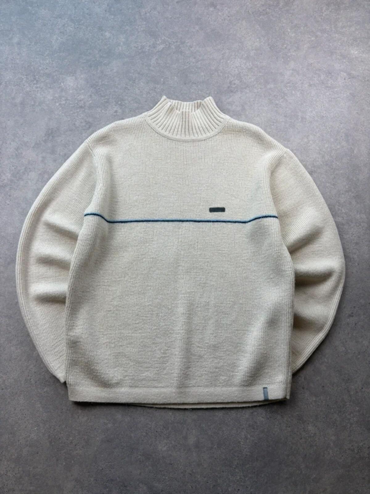 Firetrap Jumper Men’s XL Cream Y2K Knitted Wool Blend Mock Neck Sweater