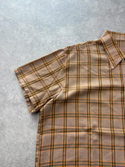 Vintage 1970s Shirt Men’s Large Brown Check Short Sleeve Button Up Dagger Collar
