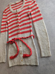 Vintage 1970s Knitted Cardigan Women’s Small Beige Red Striped Belted Longline