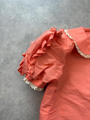 Vintage 1980s Blouse Womens Medium Pink Ruffle Puff Sleeve Made In Italy