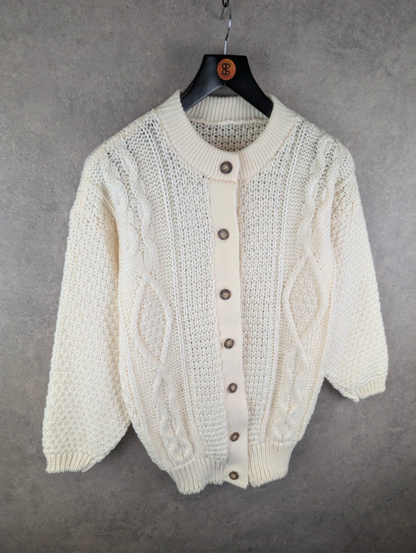Vintage Hand Knitted Jumper Womens L Large Aran Cream Cardigan