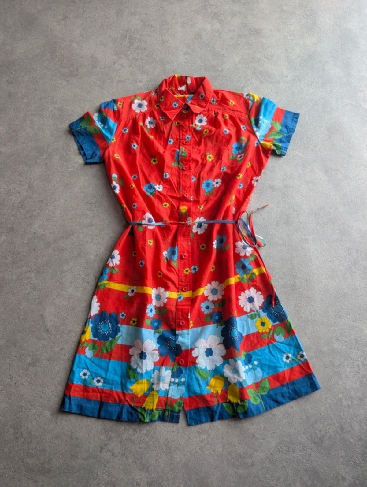 Vintage 1970s Floral Dress Women's Medium Red Retro Boho Prairie Festival