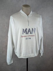 MAN Jumper Men’s Large Cream Vintage 90s Quarter Zip Graphic Sweatshirt
